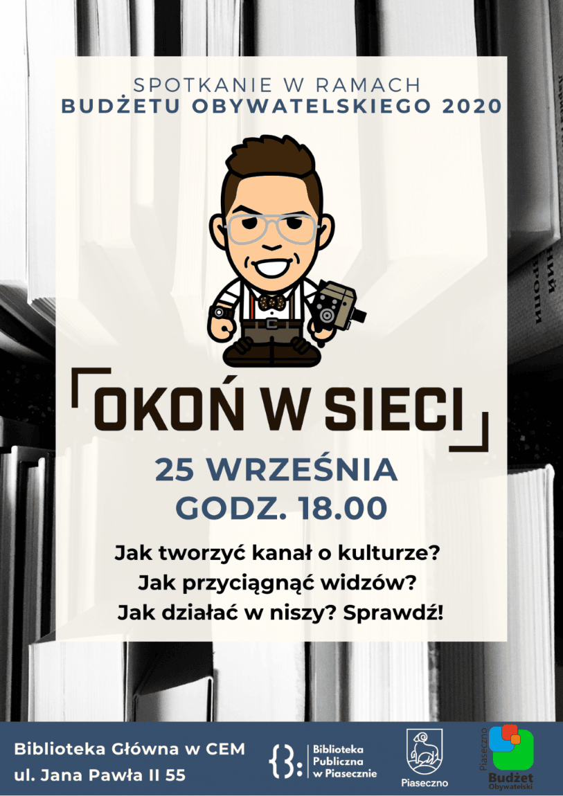 plakat promujący spotkanie z Marcinem Okoniewskim "Okoń w sieci"