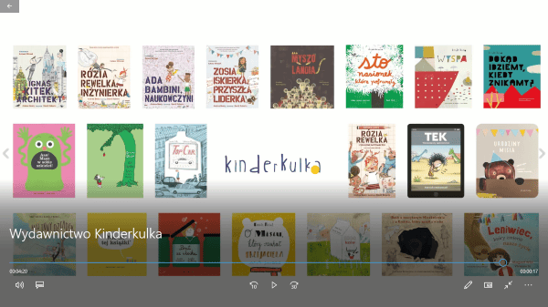Klatka z filmu - Wydawnictwo Kinderkulka i przykładowe okładki książek
