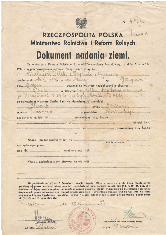 Dokument nadania ziemi z 1946 r. / 1954 r.