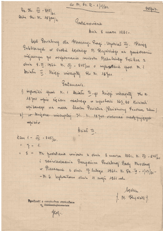 Postanowienie oznaczenia nieruchomości - odpis z 1961 r. 