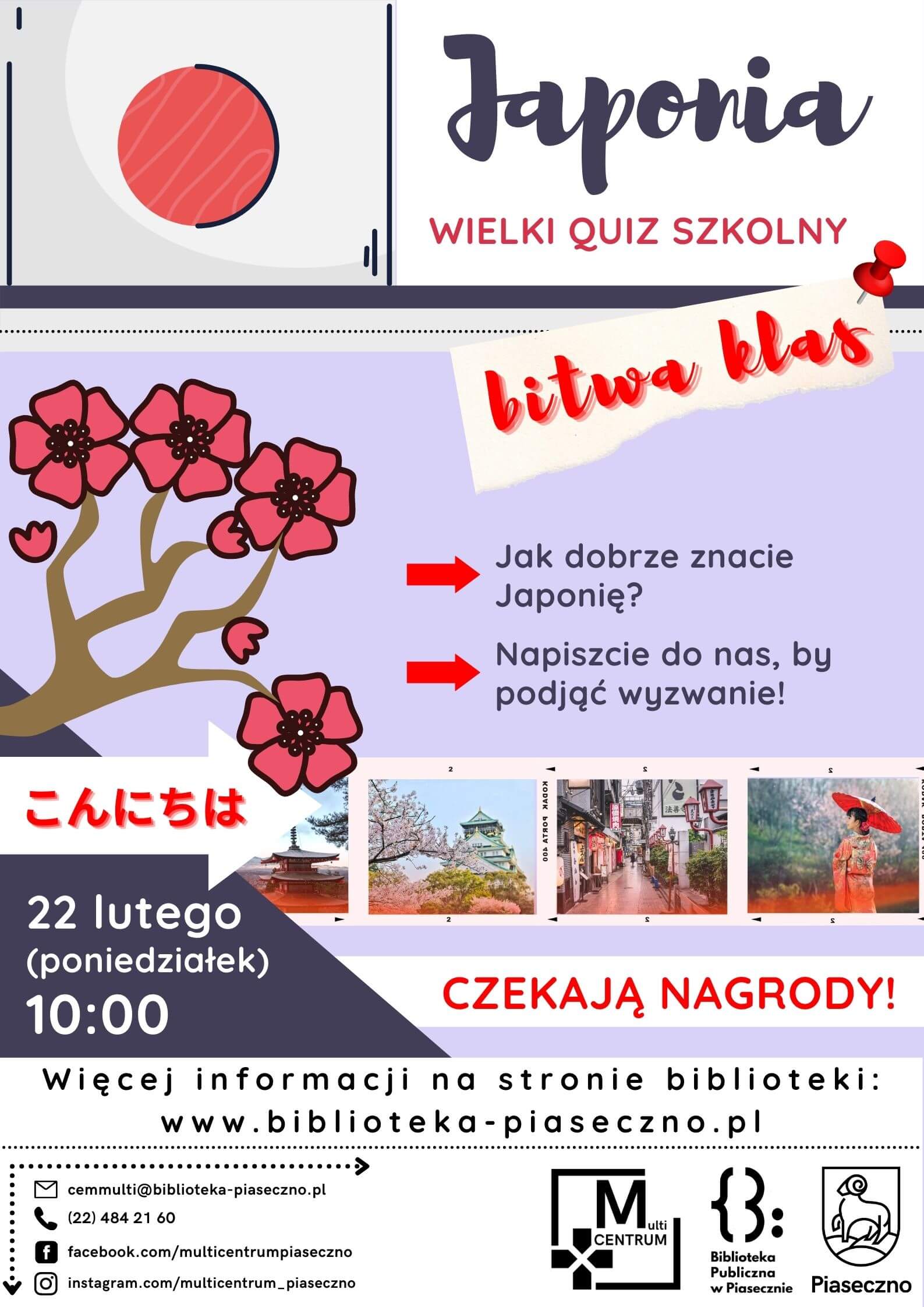 Plakat informujący o Wielkim Quizie Szkolnym o Japonii - "Bitwa klas!"