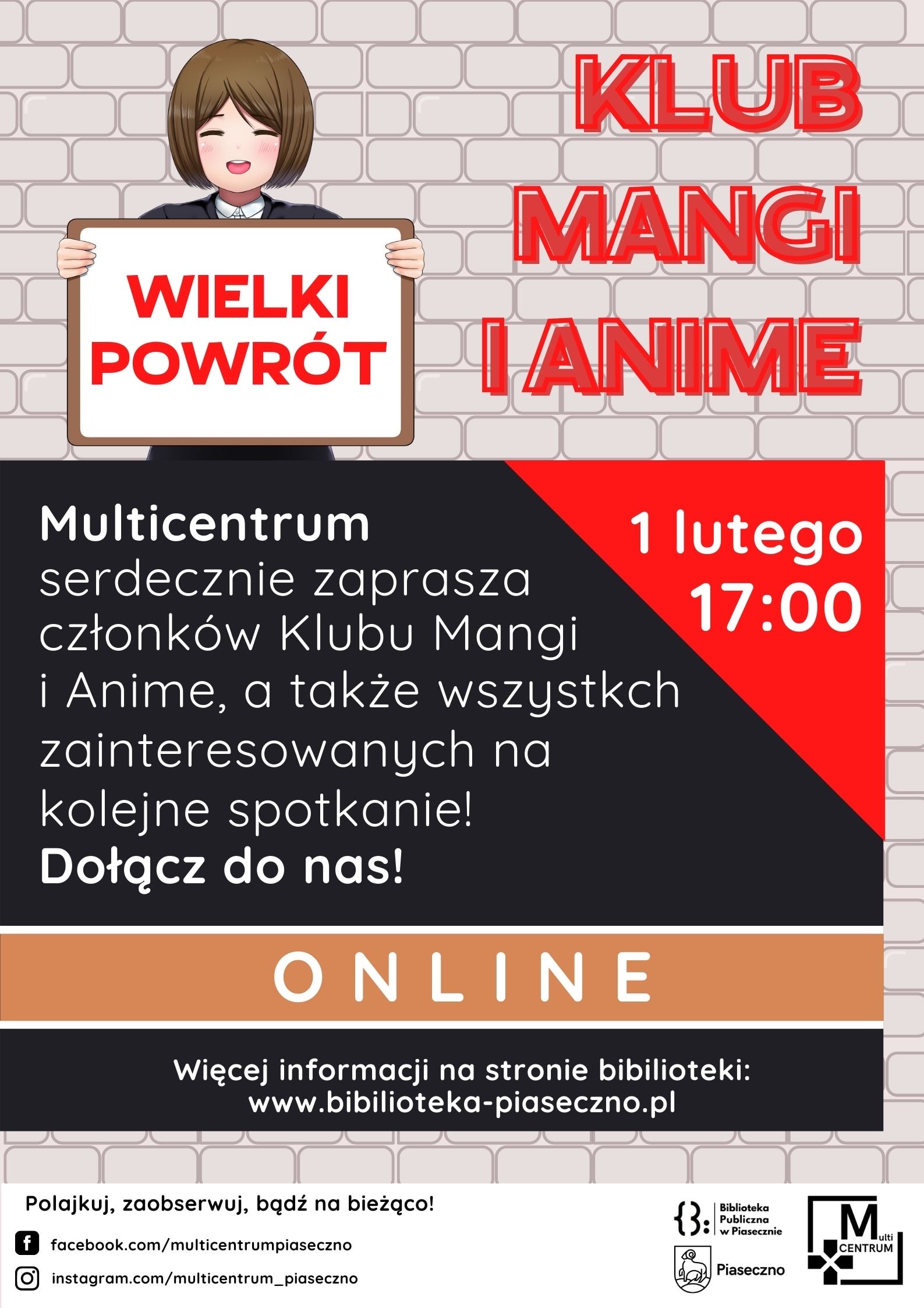 Plakat informujący o powrocie spotkań Klubu Mangi i anime
