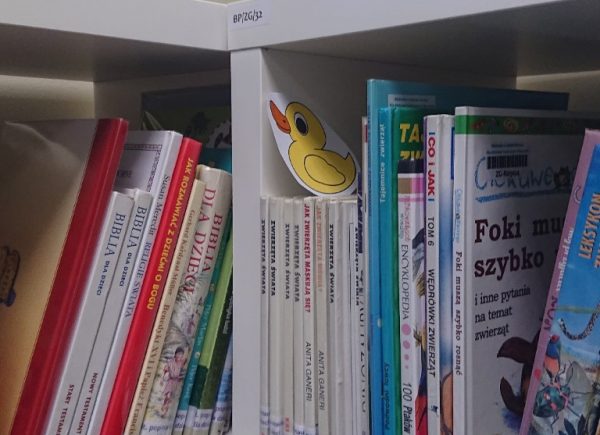 Ukryty między książkami wydruk z wizerunkiem kaczuszki