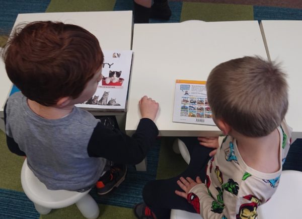 Dzieci oglądają książeczki. Dwóch chłopców siedzi przy stoliku