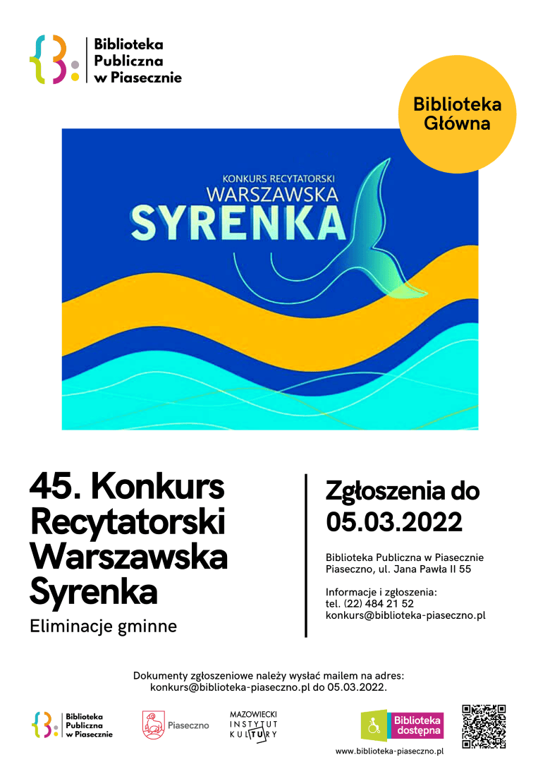 Warszawska Syrenka - Konkurs Recytatorski. Plakat informuje o eliminacjach gminnych w Piasecznie.