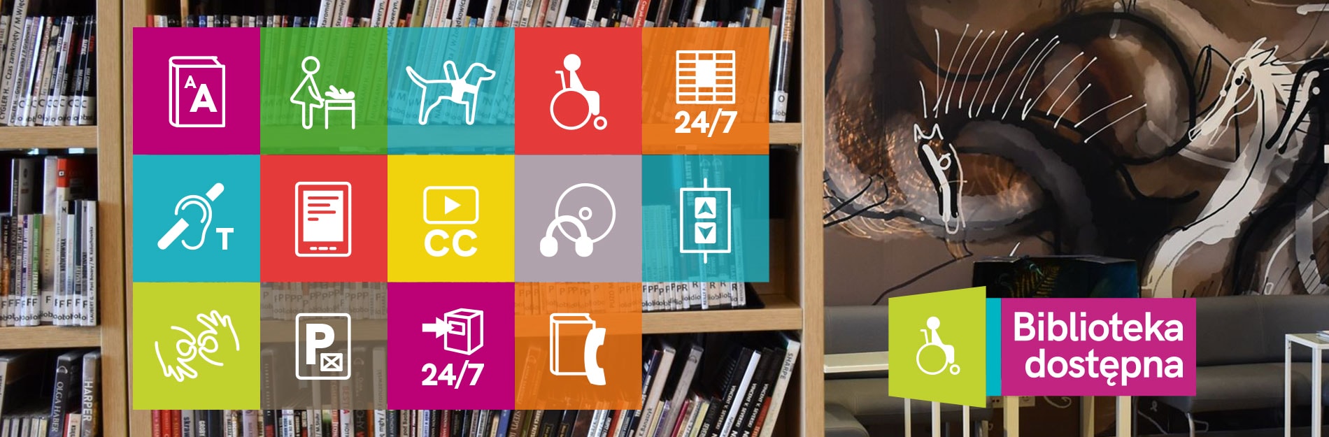 Biblioteka dostępna - baner akcji. W tle zdjęcie regałów z książkami. Na pierwszym planie ikonki związane z dostępnością.