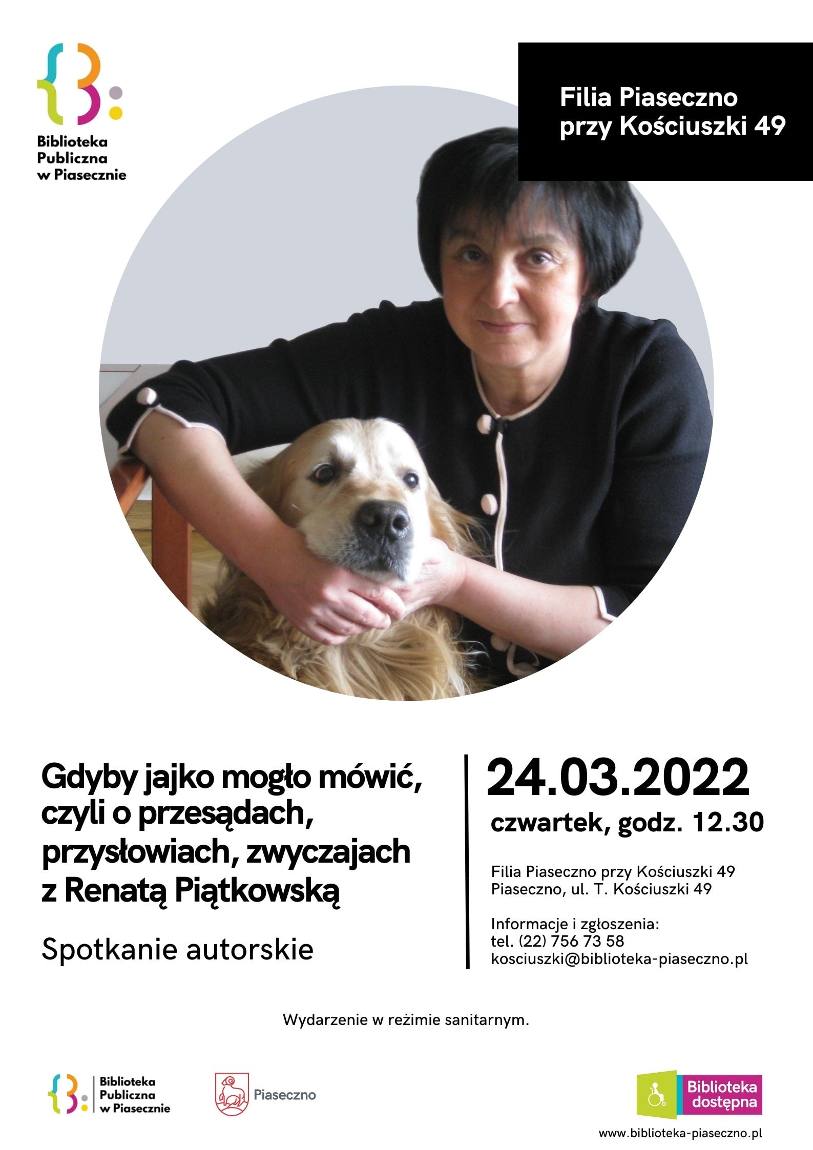 Plakat na spotkanie autorskie z Renatą Piątkowską w Filii Piaseczno przy Kościuszki 49