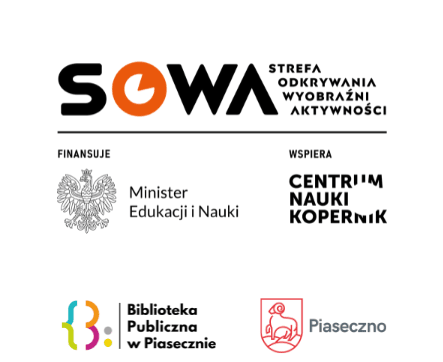 Sowa - logotyp projektu oraz Ministerstwa Edukacji i Kultury, Centrum Nauki Kopernik, Gminy Piaseczno oraz Biblioteki Publicznej w Piasecznie