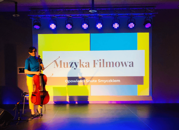 Wiolonczelistka, Pani Olena Zhurova-Tsolka prezentuje dzieciom muzykę filmową