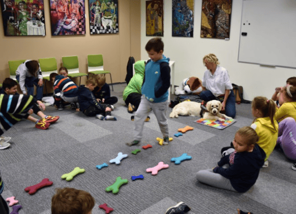dzieci ćwiczą z psami podczas warsztatów z dogoterapii