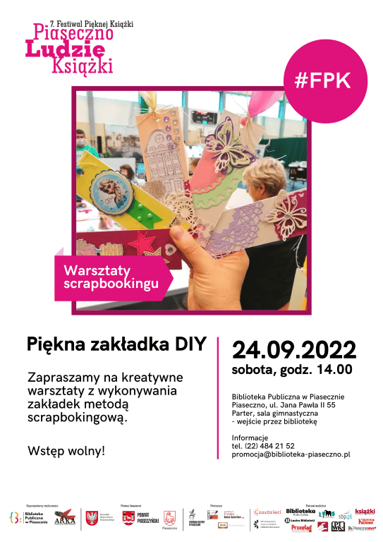 Piękna zakładka DIY - plakat warsztatów 24 września 2022 roku w Bibliotece Publicznej w Piasecznie