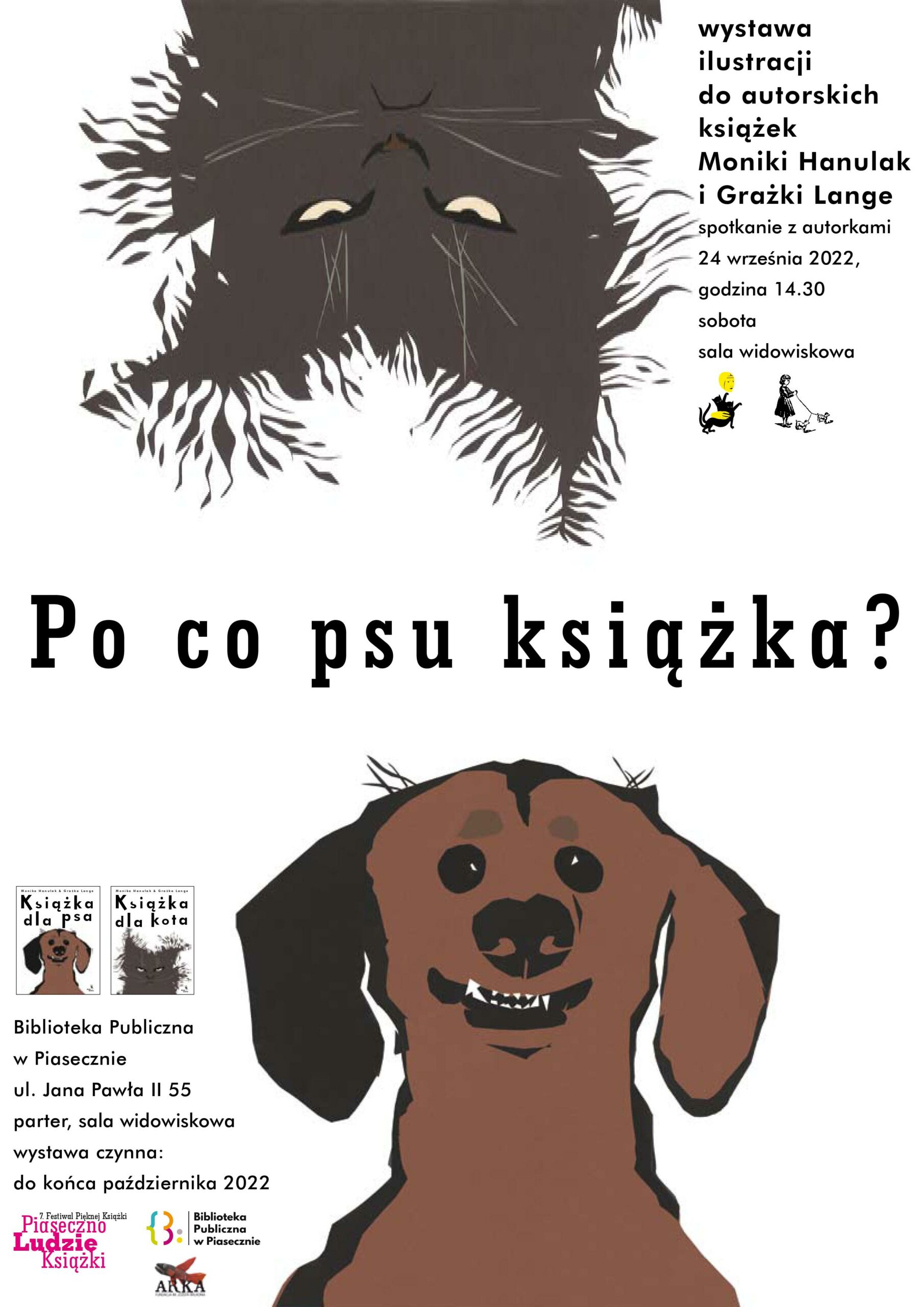 Książka dla psa i kota - plakat zapowiadający spotkanie przedstawia grafiki z wizerunkami kota i psa