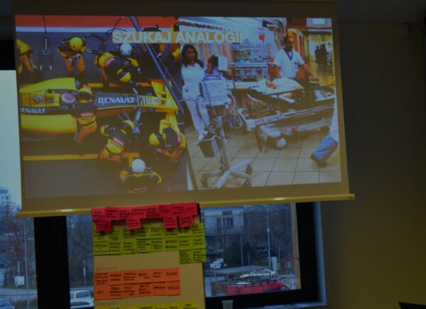 Na projektorze wyświetla się obraz z napisem „Szukaj analogii” na lewej stronie obrazka widnieje żółta wyścigówka z lotu ptaka, po prawej stronie zespół lekarzy w szpitalu podczas swojej pracy. Pod Projektorem znajduje się tablica z kolorowymi karteczkami.