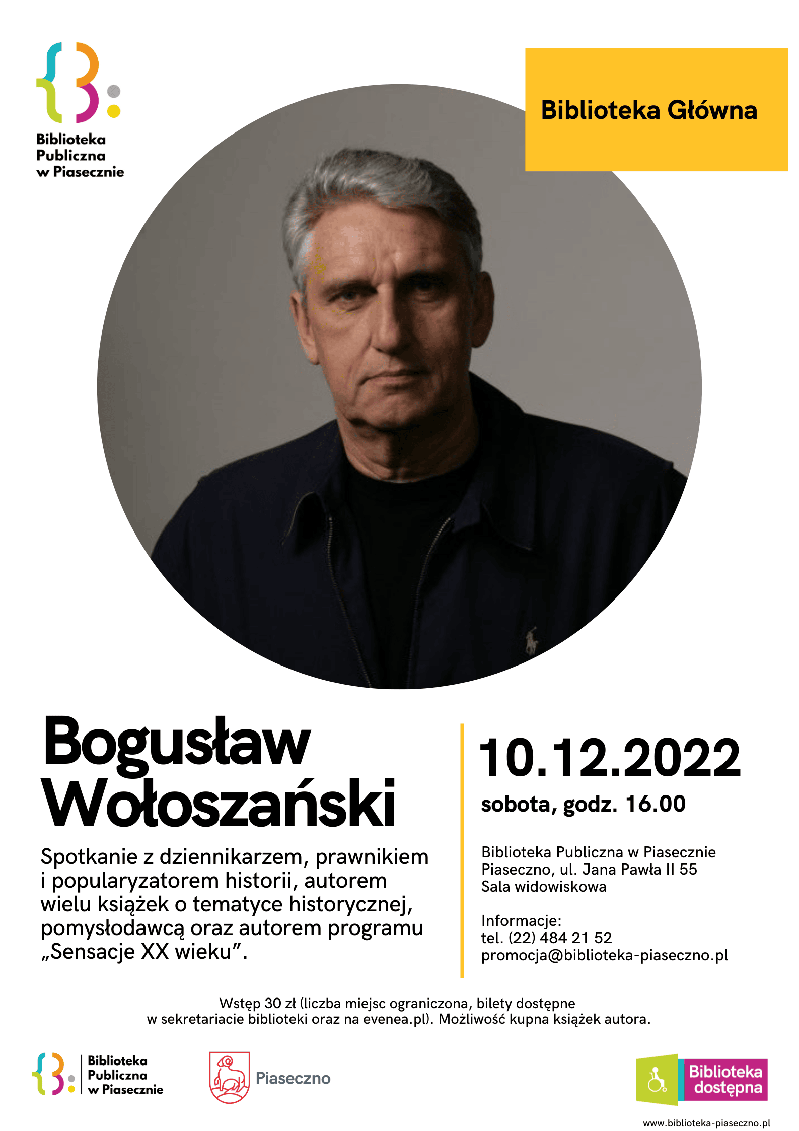 plakat informacyjny o spotkaniu autorskim z Bogusławem Wołoszańskim