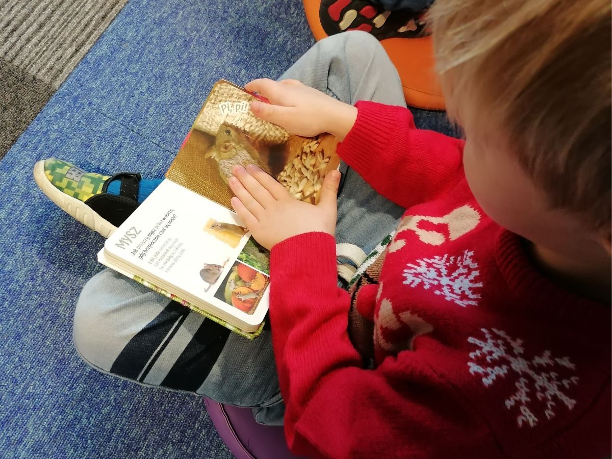 Przedszkolak ogląda książeczkę dotykową