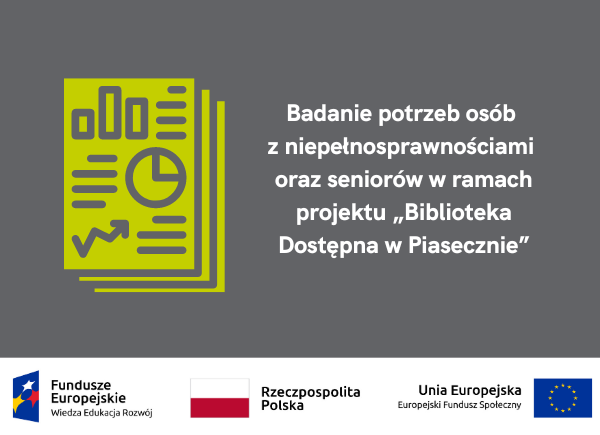 Badanie potrzeb osób z niepełnosprawnościami oraz seniorów w ramach projektu „Biblioteka Dostępna w Piasecznie”. Grafika z logotypami projektu.