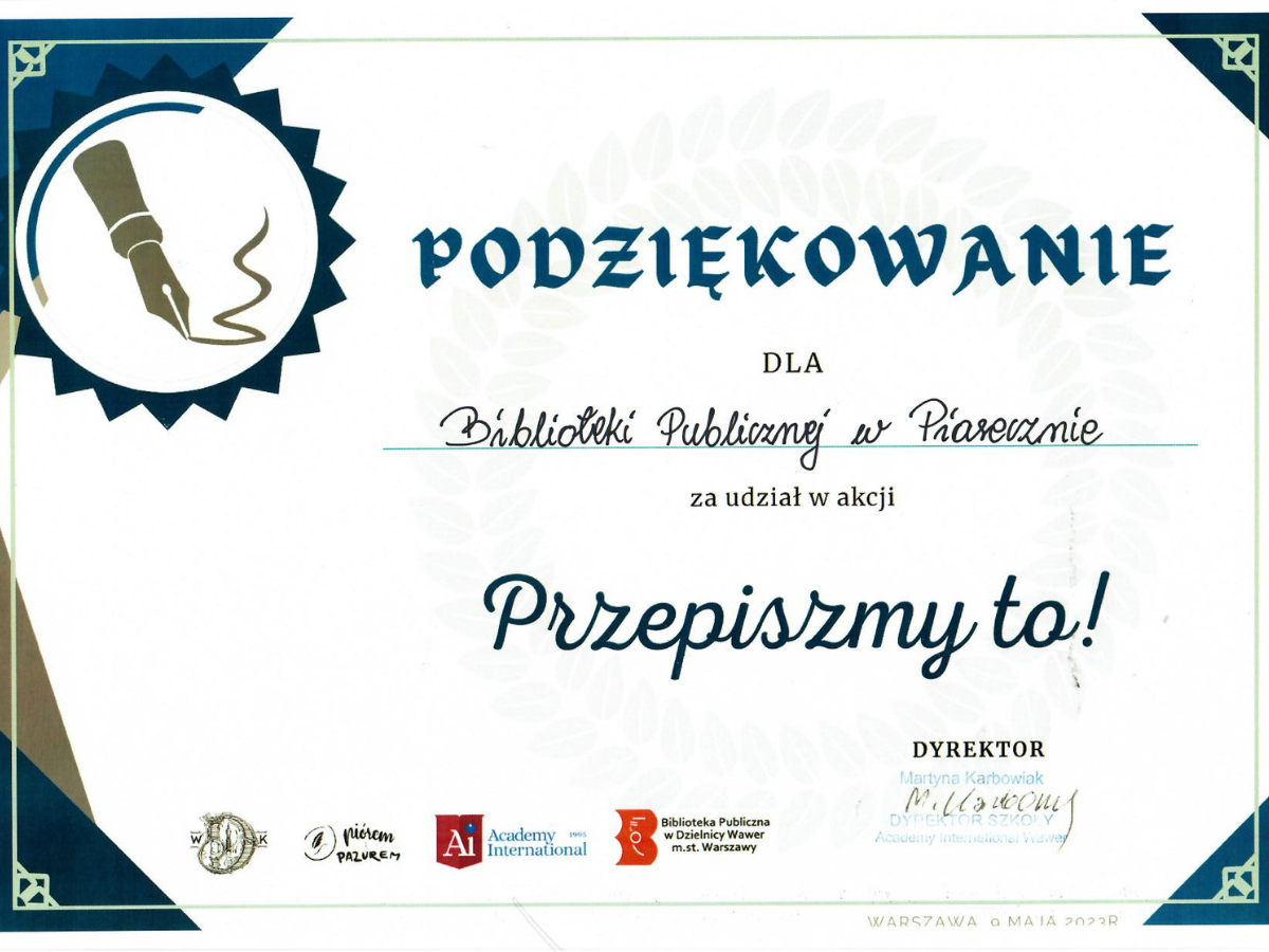Podziękowanie dla Biblioteki Publicznej w Piasecznie za udział w akcji "Przepiszmy to!"