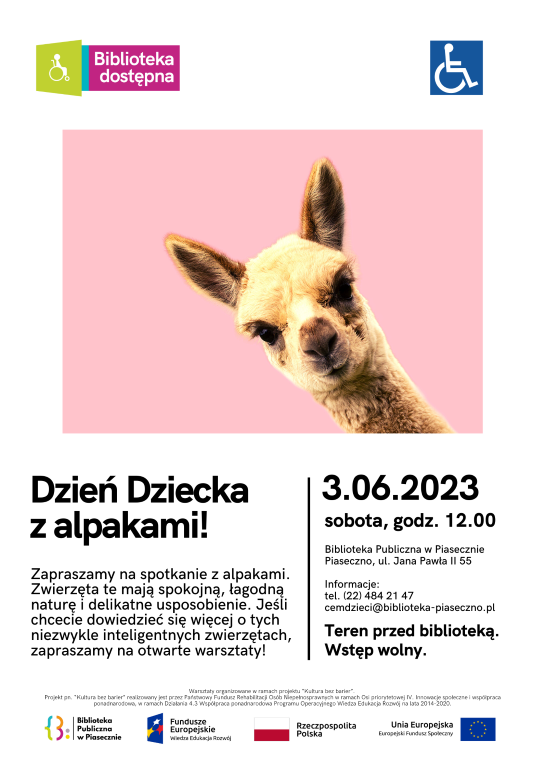 Warsztaty z alpakami - plakat informujący o warsztatach w Piasecznie 3.06.2023 przed Biblioteką Główną, ul. Jana Pawła II 55
