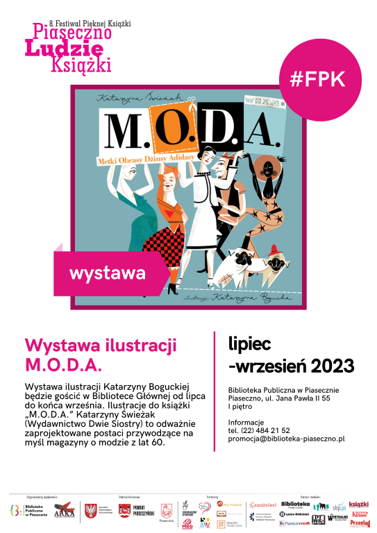 Plakat wystawy MODA Dwie Siostry wramach 8. Festiwalu Pięknej Książki w Piasecznie