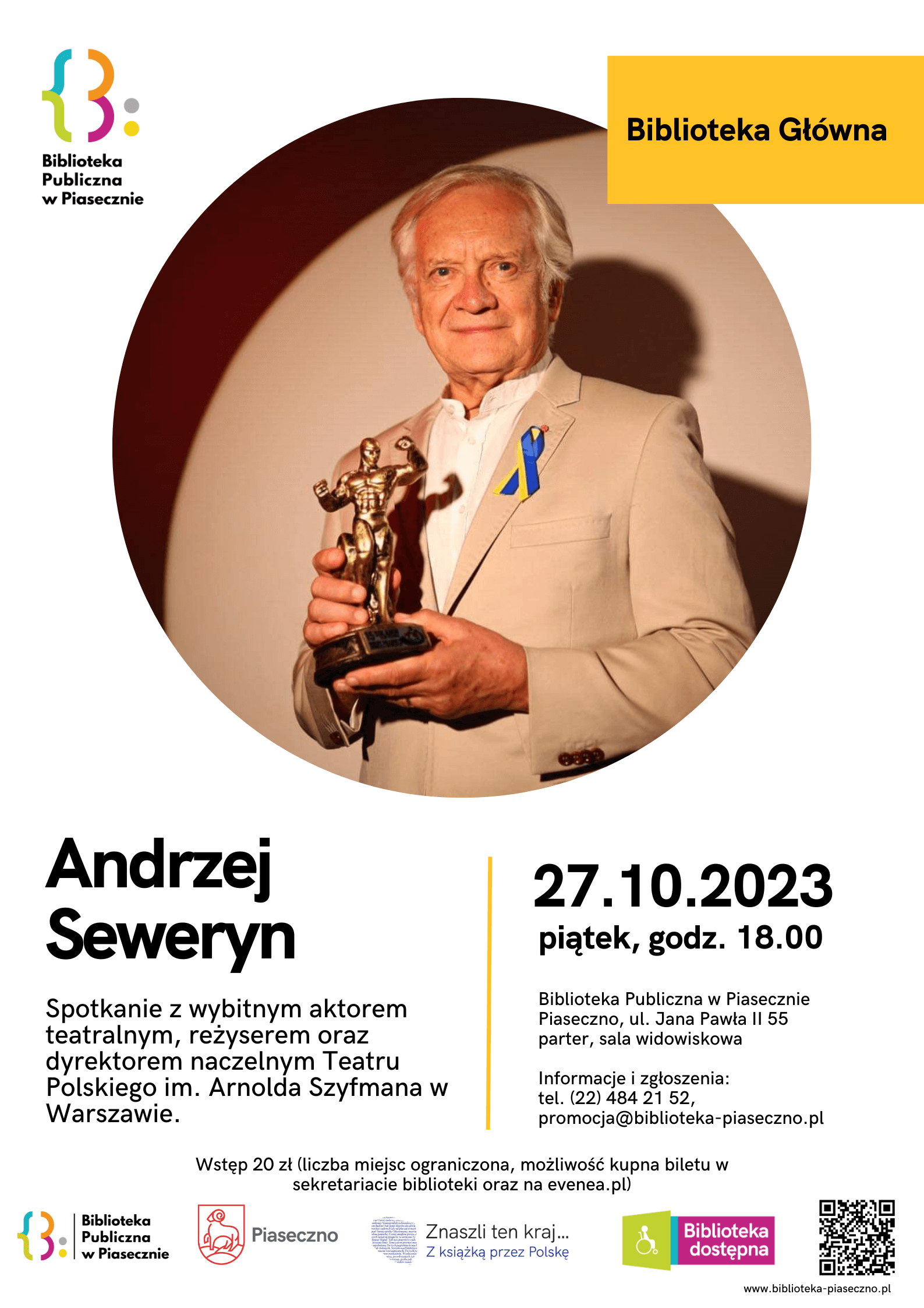 Plakat informujący o spotkaniu autorskim z Andrzejem Sewerynem 27 października 2023 r. w Bibliotece Publicznej w Piasecznie