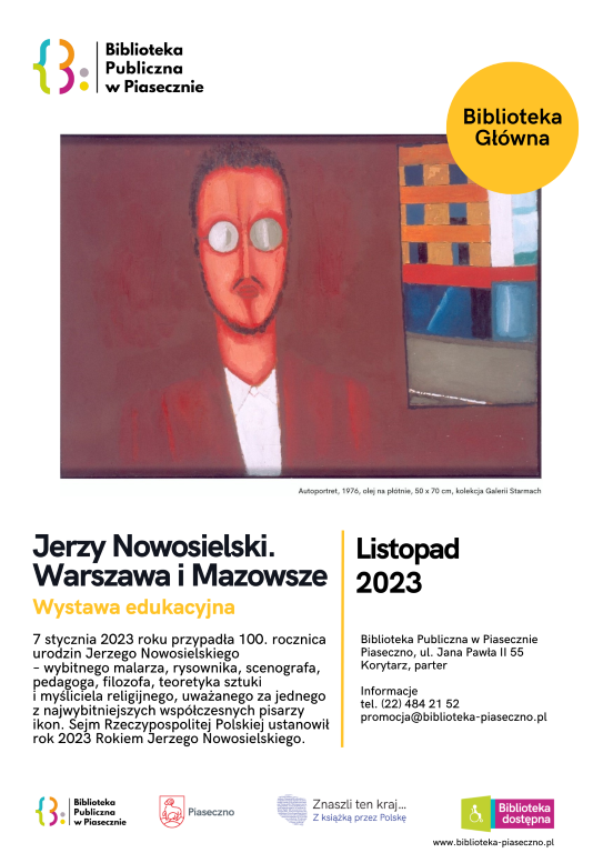 Plakat promujący wystawę edukacyjną "Jerzy Nowosielski. Warszawa i Mazowsze" w Bibliotece Publicznej w Piasecznie