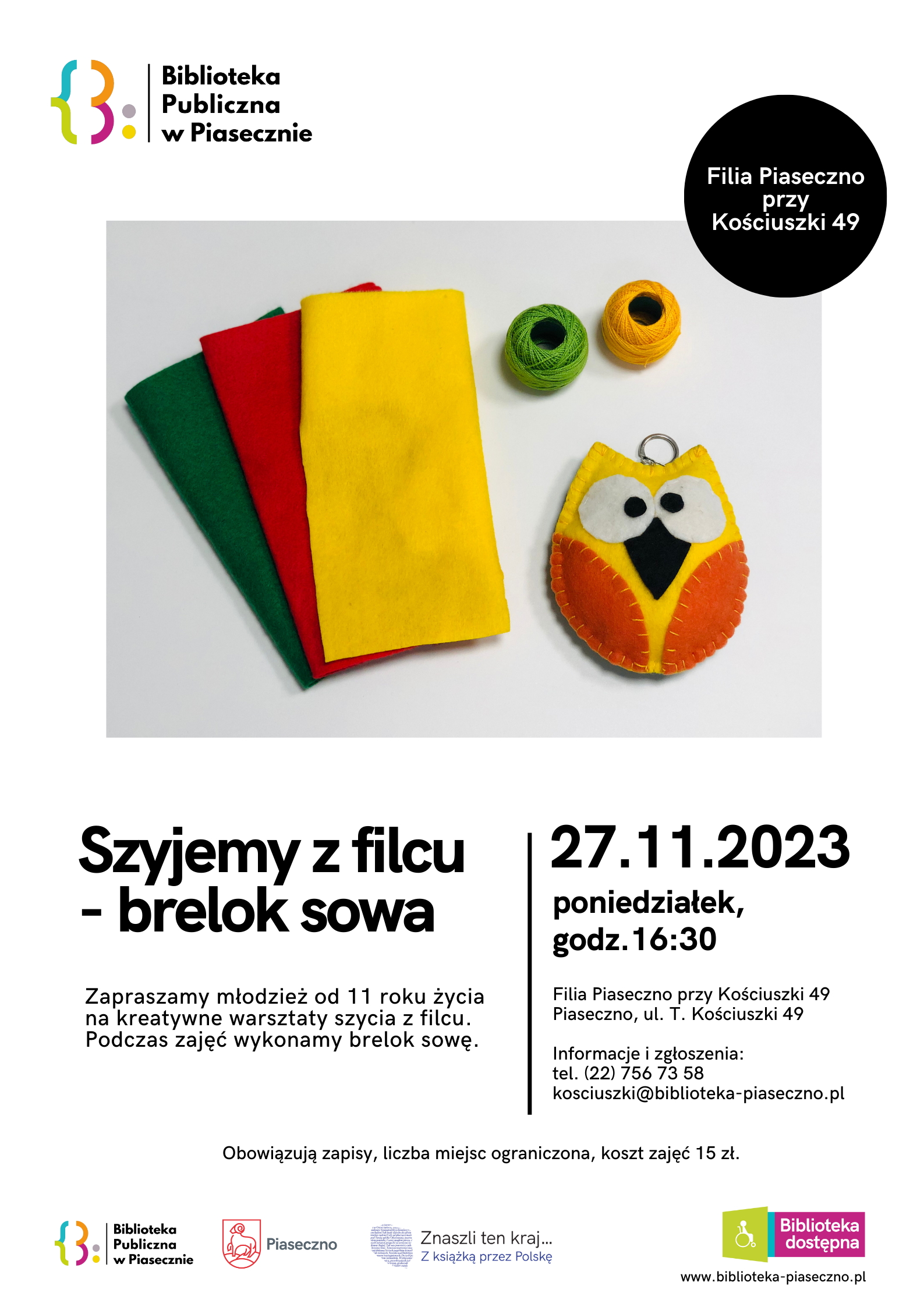 Plakat promujący warsztaty szycia z filcu - brelok sowa