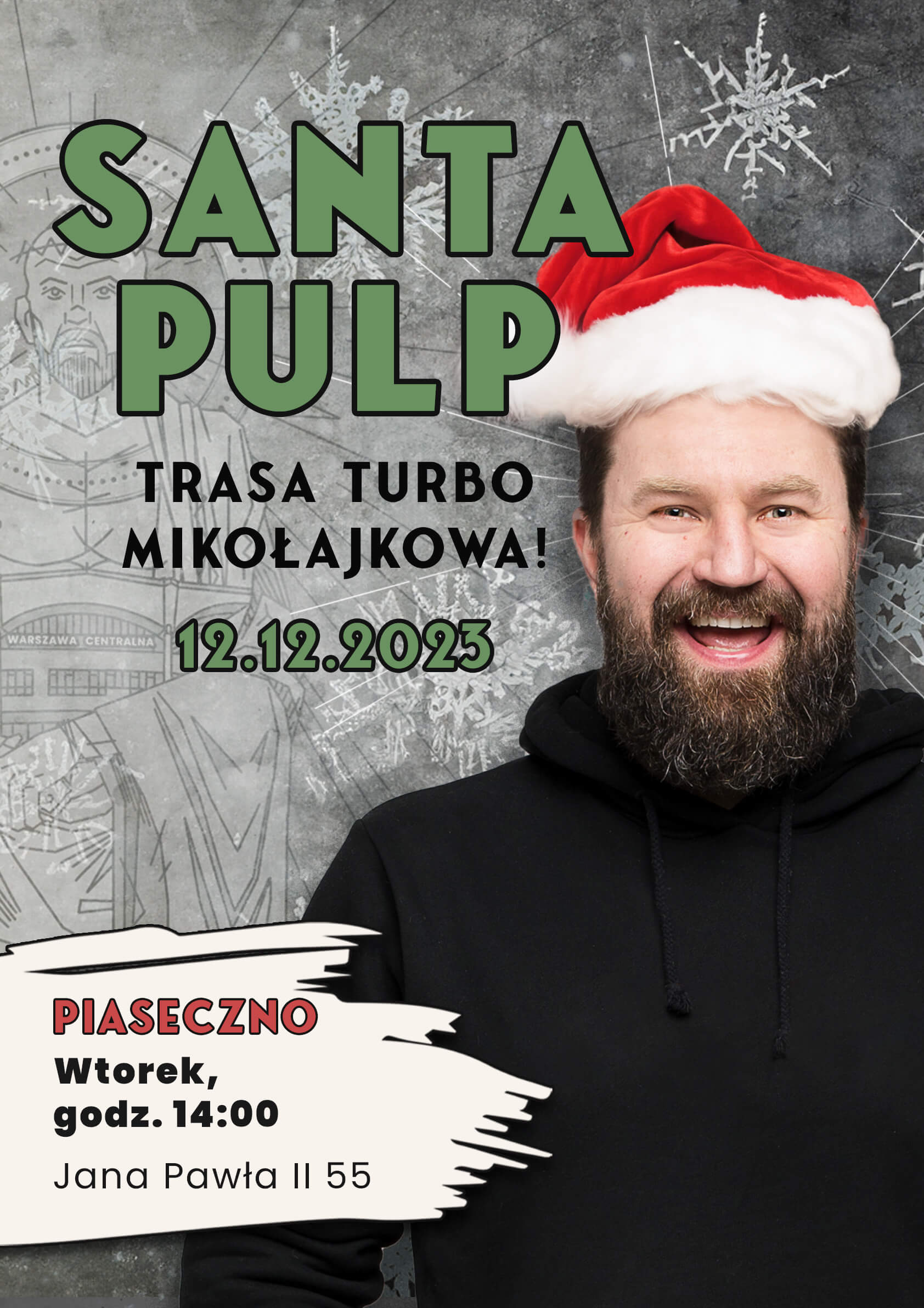 Plakat promujący mikołajkowe spotkanie z trasy "Santa Pulp" z Jakubem Ćwiekiem 12 grudnia 2023 roku w Bibliotece Publicznej w Piasecznie