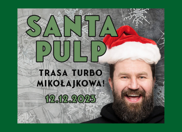 Plakat promujący spotkanie mikołajkowe z trasy "Santa Pulp" z Jakubem Ćwiekiem 12 grudnia w Bibliotece Publicznej w Piasecznie