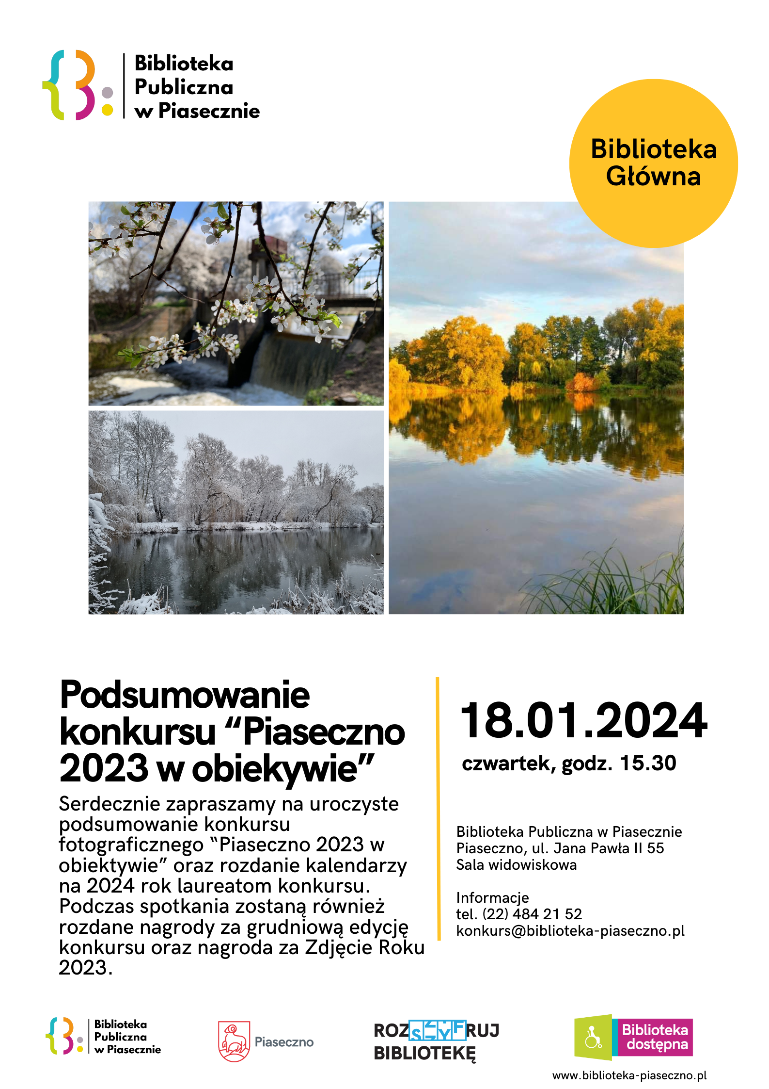 Plakat o podsumowaniu konkursu fotograficznego "Piaseczno 2023 w obiektywie" w Bibliotece Głównej