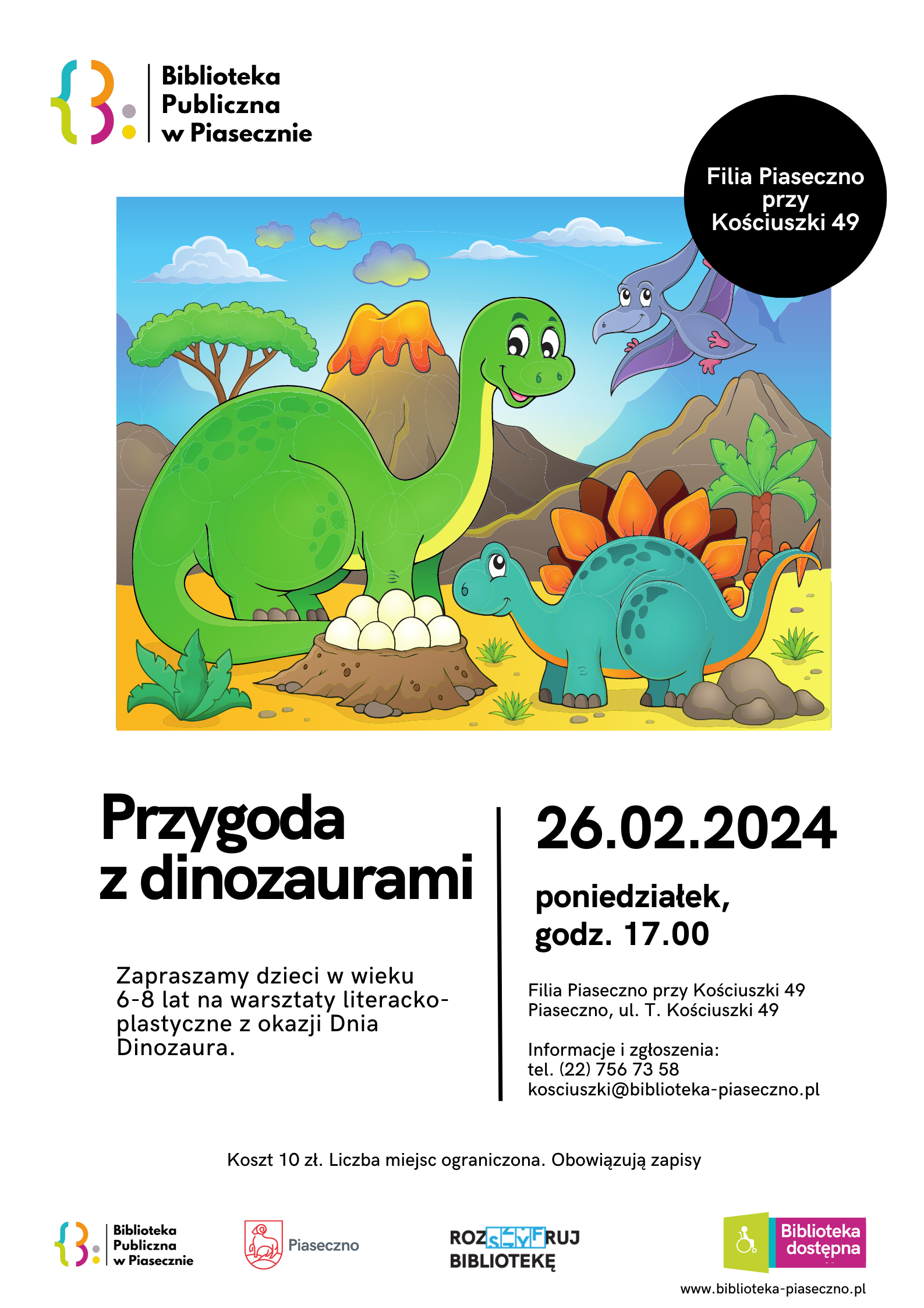 Plakat promujący warsztaty dla dzieci z okazji Dnia Dinozaura