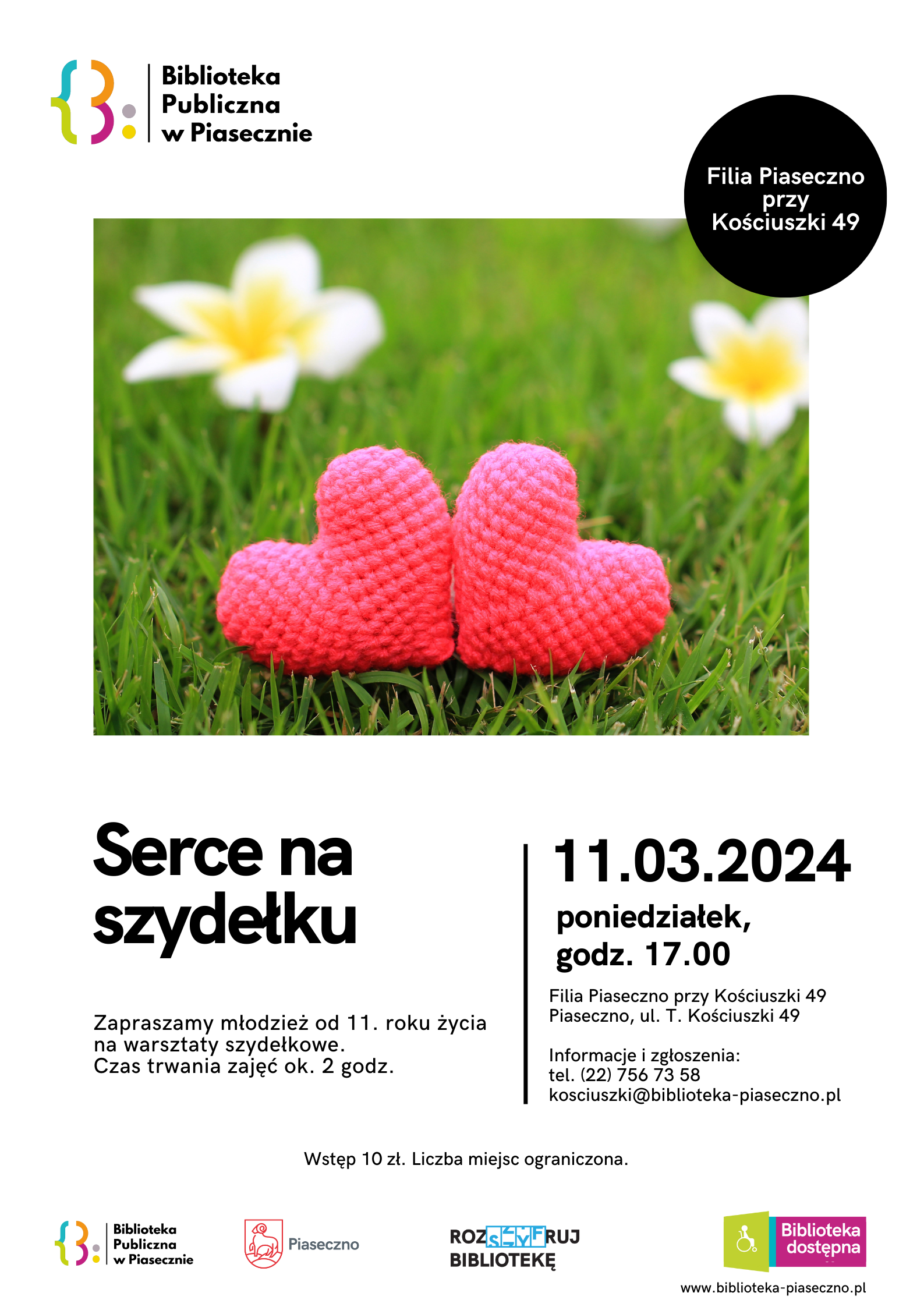 Plakat promujący warsztaty szydełkowe - serce na szydełku