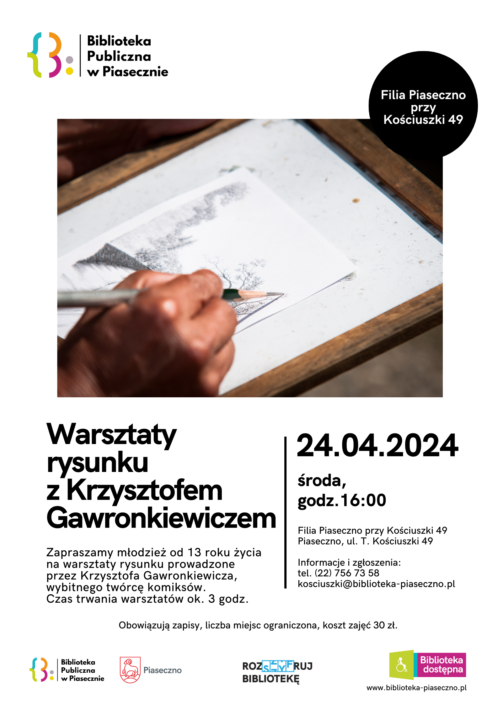 Plakat promujący warsztaty rysunku prowadzone przez Krzysztofa Gawronkiewicza