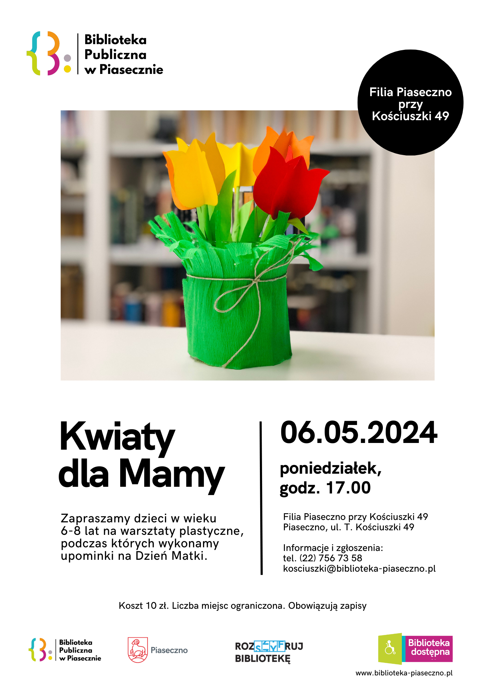 Plakat promujący warsztaty plastyczne Kwiaty dla Mamy