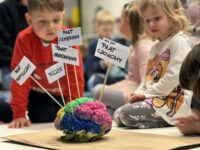 Na zdjęciu widać model mózgu z kalafiora, a za nim siedzą dzieci.